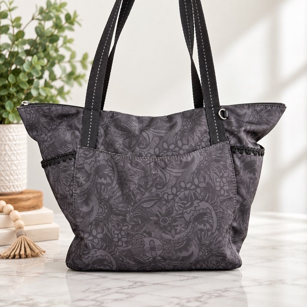 Sakroots Large Travel Tote Shoulder Bag Gray Floral Water Resistant Zip Top